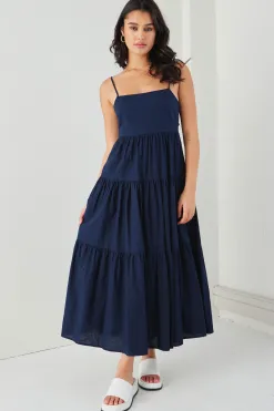 Among the Brave Galaxy Navy Linen Tie Back Tiered Strappy Maxi Dress
