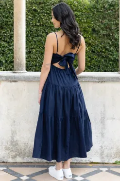 Among the Brave Galaxy Navy Linen Tie Back Tiered Strappy Maxi Dress