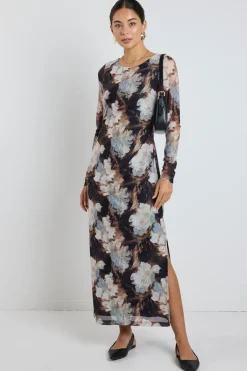 Among the Brave Gallery Sepia Floral Mesh LS Maxi Dress