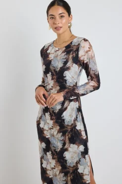 Among the Brave Gallery Sepia Floral Mesh LS Maxi Dress