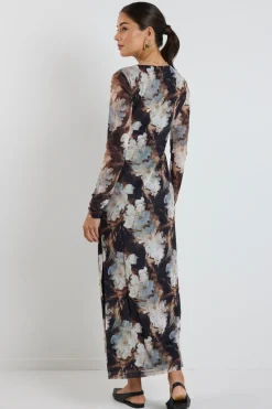 Among the Brave Gallery Sepia Floral Mesh LS Maxi Dress