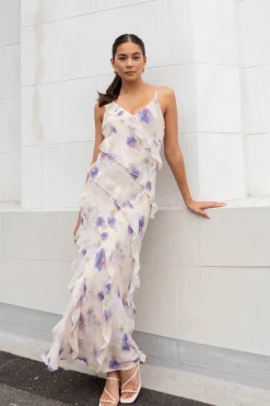 Georgia Mae Galore Peach Blue Floral Bias Ruffle Slip Maxi Dress
