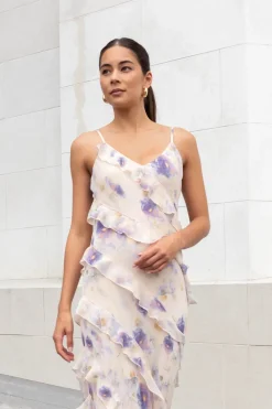 Georgia Mae Galore Peach Blue Floral Bias Ruffle Slip Maxi Dress