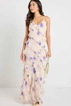 Georgia Mae Galore Peach Blue Floral Bias Ruffle Slip Maxi Dress