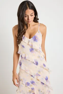Georgia Mae Galore Peach Blue Floral Bias Ruffle Slip Maxi Dress