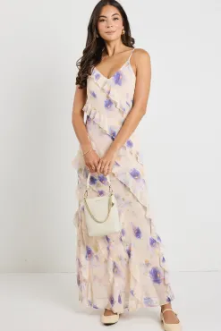 Georgia Mae Galore Peach Blue Floral Bias Ruffle Slip Maxi Dress