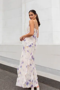 Georgia Mae Galore Peach Blue Floral Bias Ruffle Slip Maxi Dress