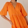 Among the Brave Gemini Orange Broiderie Balloon Sleeve Tiered Mini Dress