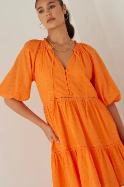 Among the Brave Gemini Orange Broiderie Balloon Sleeve Tiered Mini Dress