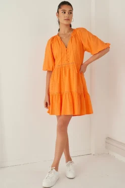 Among the Brave Gemini Orange Broiderie Balloon Sleeve Tiered Mini Dress