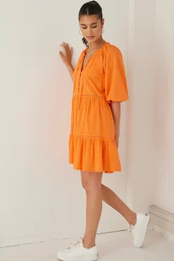 Among the Brave Gemini Orange Broiderie Balloon Sleeve Tiered Mini Dress