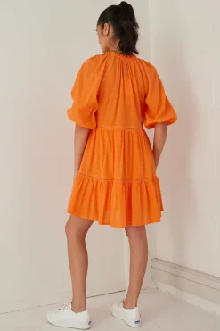 Among the Brave Gemini Orange Broiderie Balloon Sleeve Tiered Mini Dress
