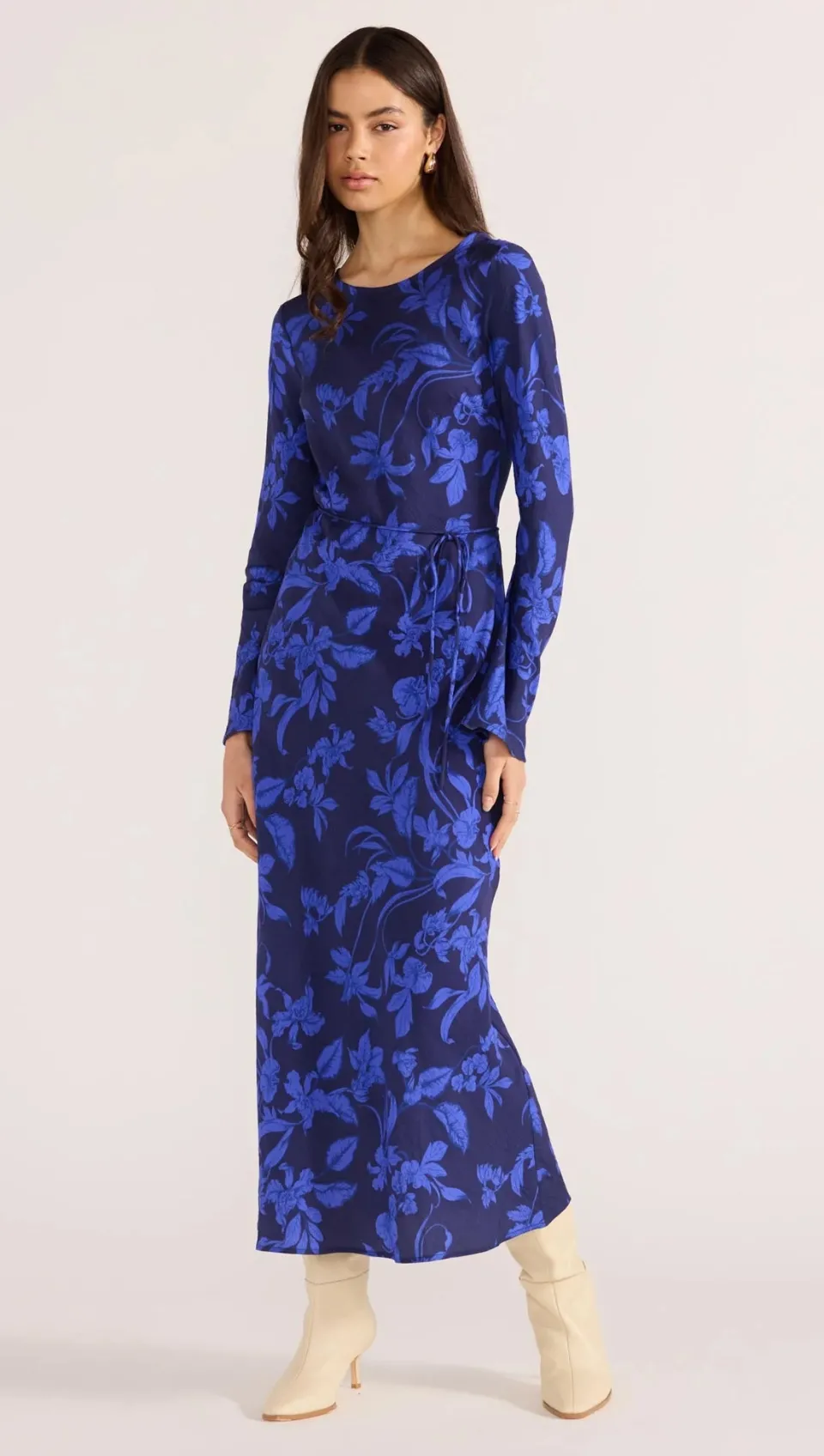Mink Pink Gianna Blue Floral Bias LS Maxi Dress