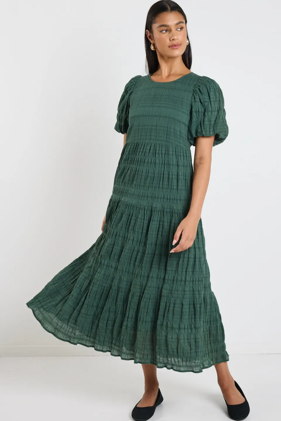 Ivy + Jack Graceful Forest Bubble Short Sleeve Tiered Maxi Dress