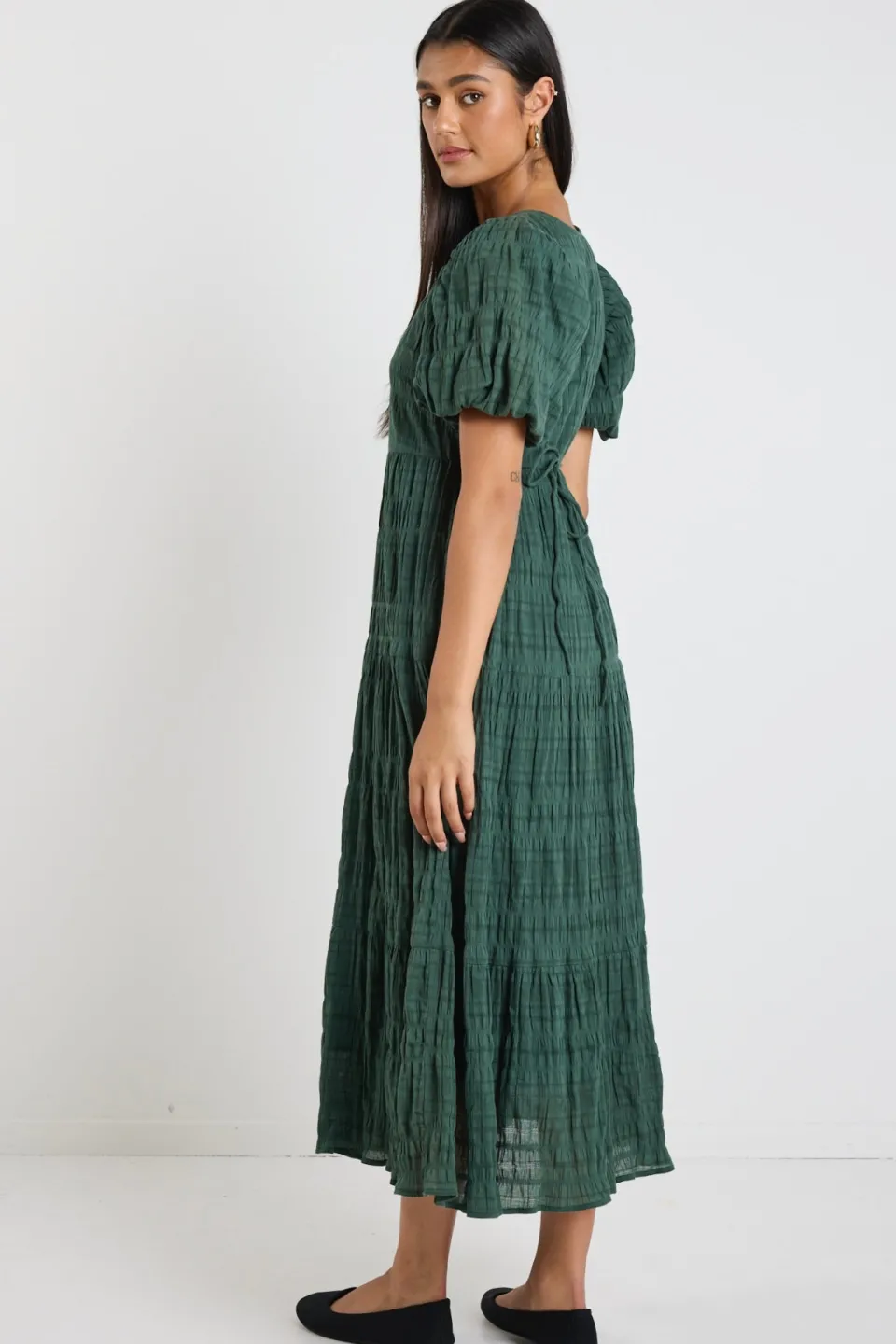 Ivy + Jack Graceful Forest Bubble Short Sleeve Tiered Maxi Dress
