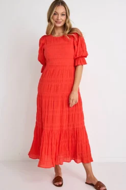 Ivy + Jack Gratitude Blood Orange Bubble SS Tiered Maxi Dress