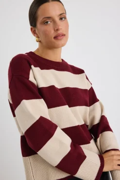 Among the Brave Gravity Burgundy Stripe Crew Neck Knit Jumper