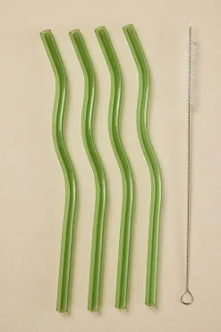 Willow u0026 Mae Green Curvy Reuseable Pk 4 Glass Drinking Straws