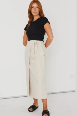 RE:UNION Label Grounded Natural Linen Wrap Cargo Midi Skirt