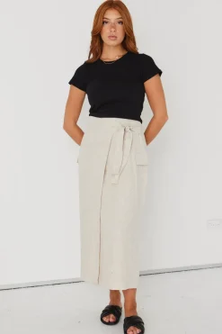 RE:UNION Label Grounded Natural Linen Wrap Cargo Midi Skirt