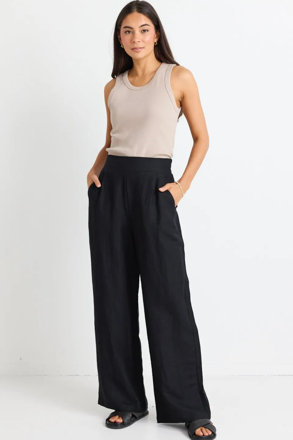 Among the Brave Guardian Black Linen Viscose Elastic Back Pants