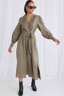 Among the Brave Guardian Soft Khaki Puff Sleeve Pintuck Midi Shirt Dress