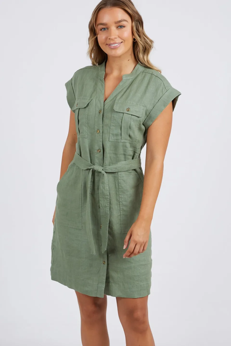 Foxwood Harlow Khaki Linen Cargo Mini Dress