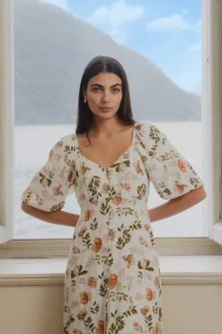 Among the Brave Heartfelt Ivory Floral SS Button Front Midi Dress
