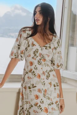 Among the Brave Heartfelt Ivory Floral SS Button Front Midi Dress