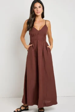 RE:UNION Label Heat Chocolate Strappy Tie Back Maxi Dress