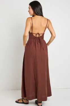 RE:UNION Label Heat Chocolate Strappy Tie Back Maxi Dress