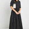 RE:UNION Label Hemisphere Black Stripe Short Sleeve Relaxed Midi Dress