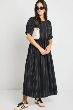 RE:UNION Label Hemisphere Black Stripe Short Sleeve Relaxed Midi Dress
