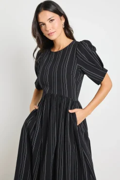 RE:UNION Label Hemisphere Black Stripe Short Sleeve Relaxed Midi Dress