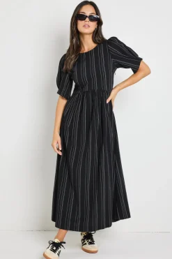 RE:UNION Label Hemisphere Black Stripe Short Sleeve Relaxed Midi Dress