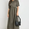 RE:UNION Label Hemisphere Khaki Short Sleeve Relaxed Midi Dress