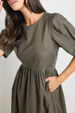RE:UNION Label Hemisphere Khaki Short Sleeve Relaxed Midi Dress