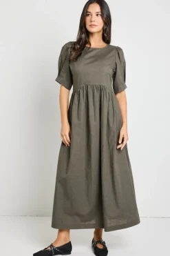 RE:UNION Label Hemisphere Khaki Short Sleeve Relaxed Midi Dress
