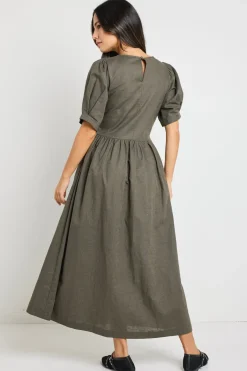 RE:UNION Label Hemisphere Khaki Short Sleeve Relaxed Midi Dress