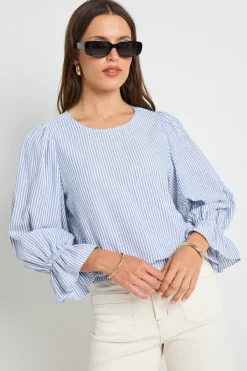 Ivy + Jack Imagine Blue Stripe Shirred Back LS Top