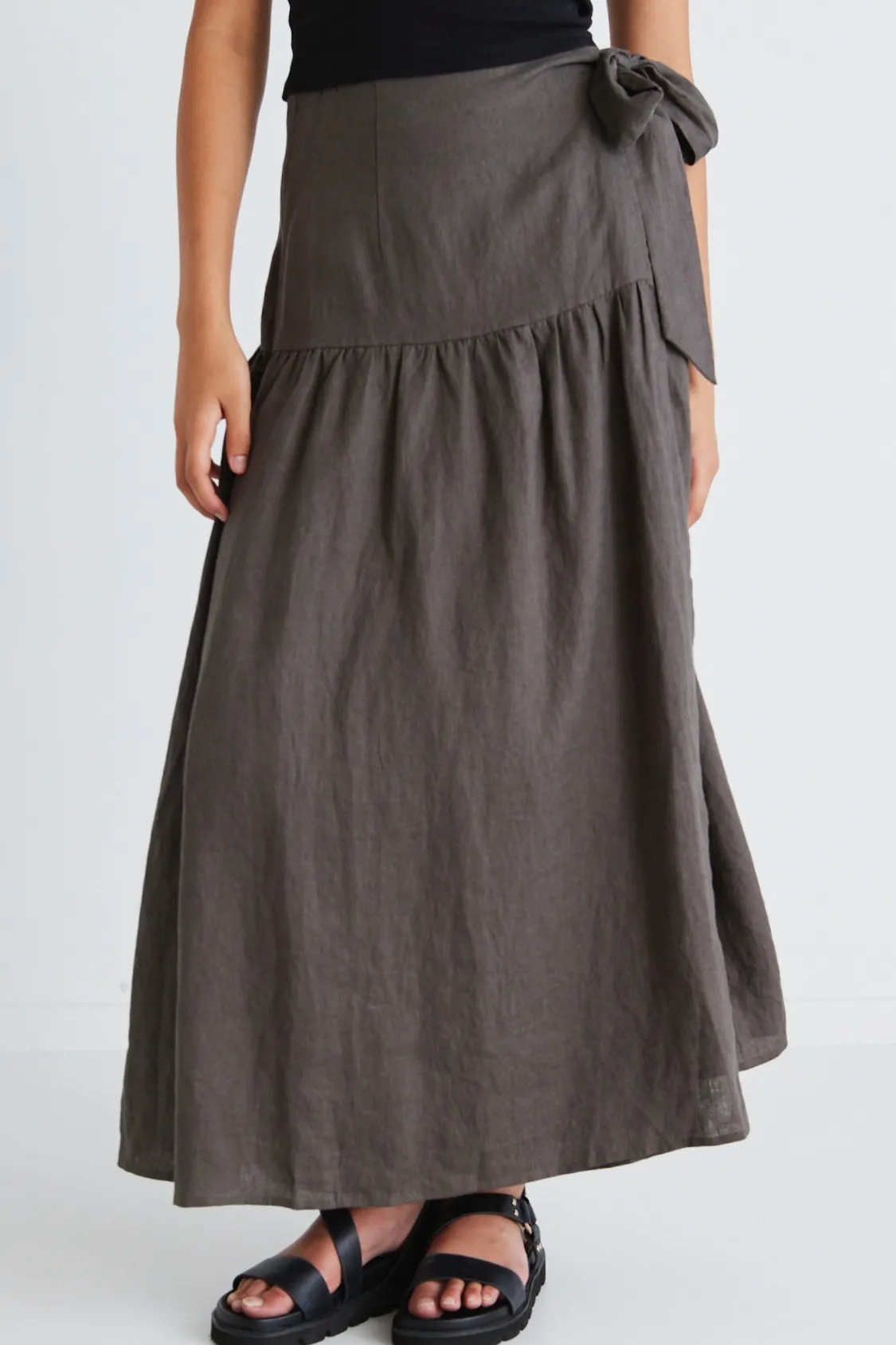 Among the Brave Impact Dark Olive Linen Tiered Wrap Maxi Skirt