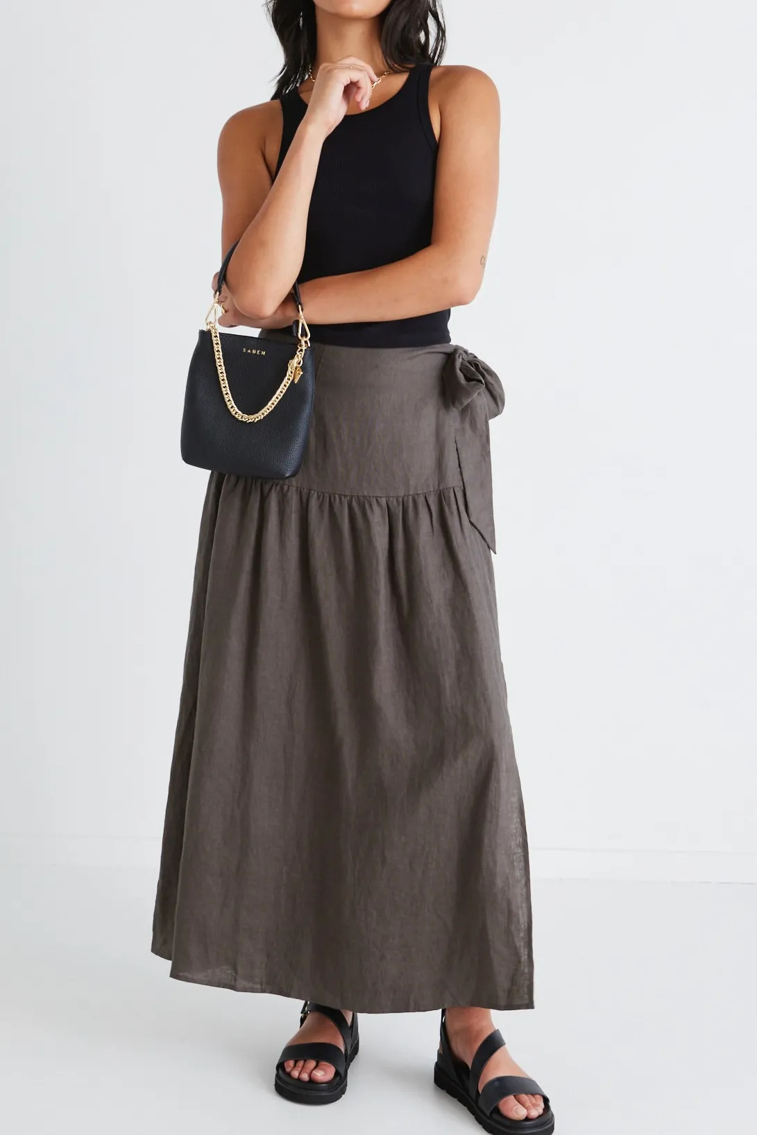 Among the Brave Impact Dark Olive Linen Tiered Wrap Maxi Skirt
