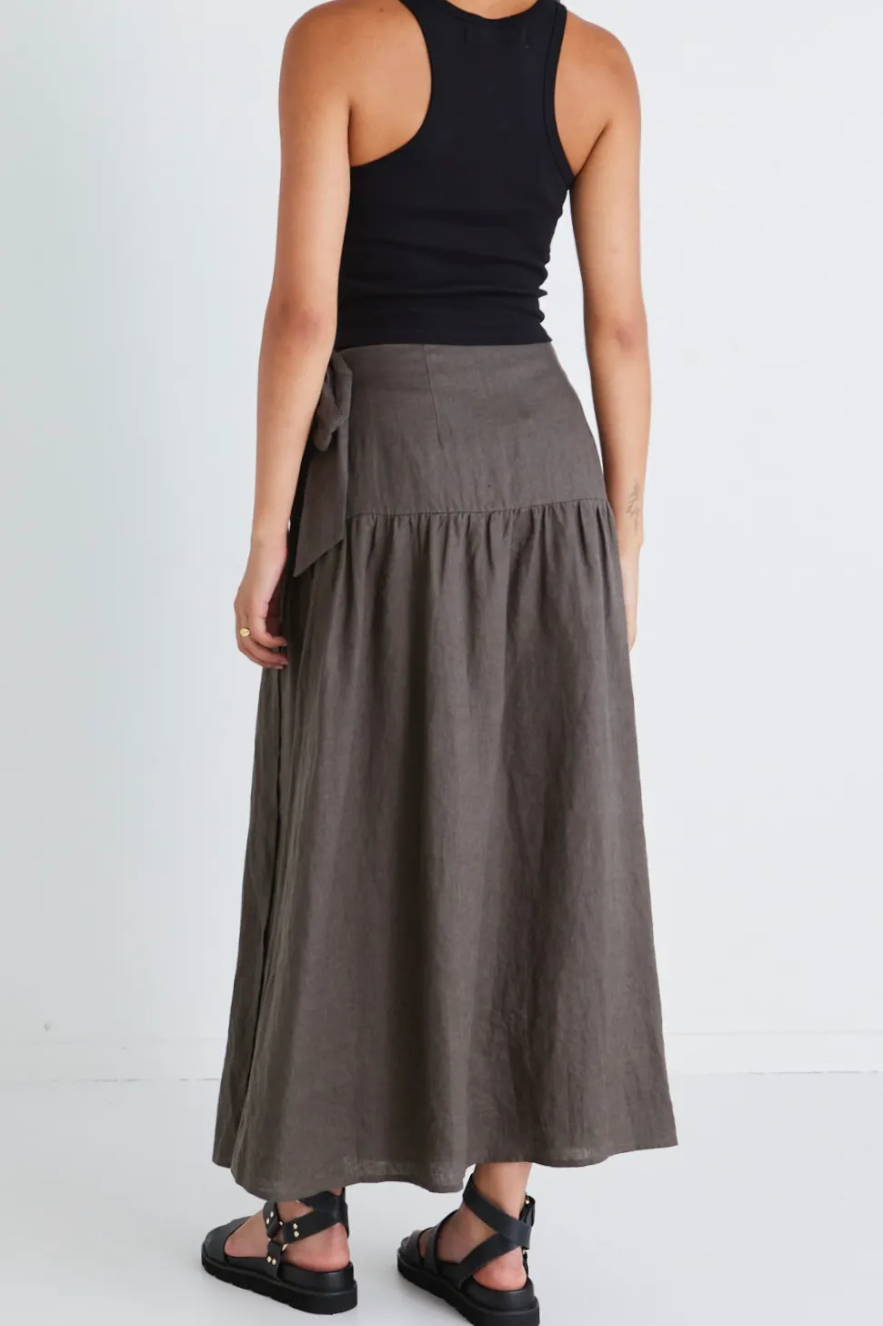 Among the Brave Impact Dark Olive Linen Tiered Wrap Maxi Skirt