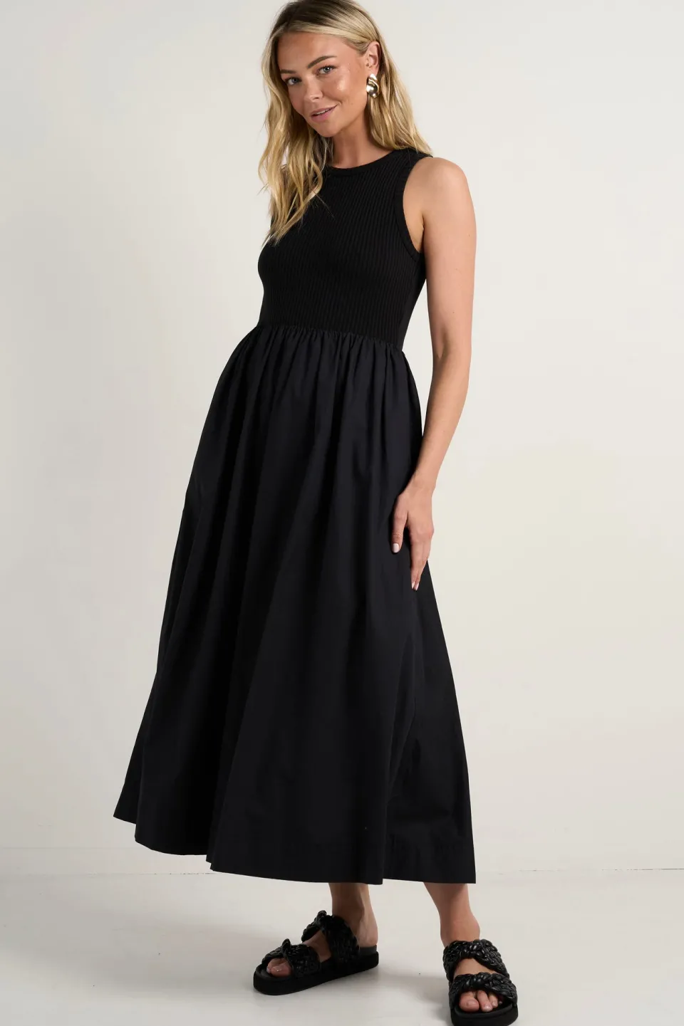 RE:UNION Label Indispensable Black Crew Neck Contrast Midi Dress
