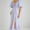 Among the Brave Innocent Cornflower Blue Baroque Floral Tie Front SS Maxi Dress