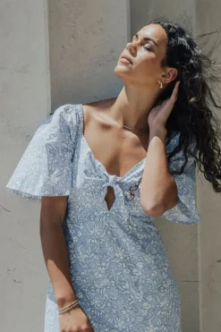 Among the Brave Innocent Cornflower Blue Baroque Floral Tie Front SS Maxi Dress