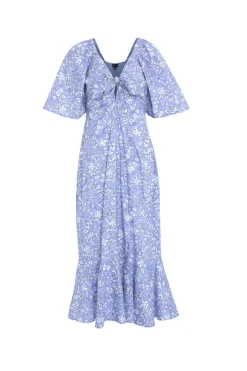 Among the Brave Innocent Cornflower Blue Baroque Floral Tie Front SS Maxi Dress