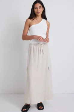 Stories be Told Invincible Natural Linen Elastic Waist Pocket Maxi Skirt