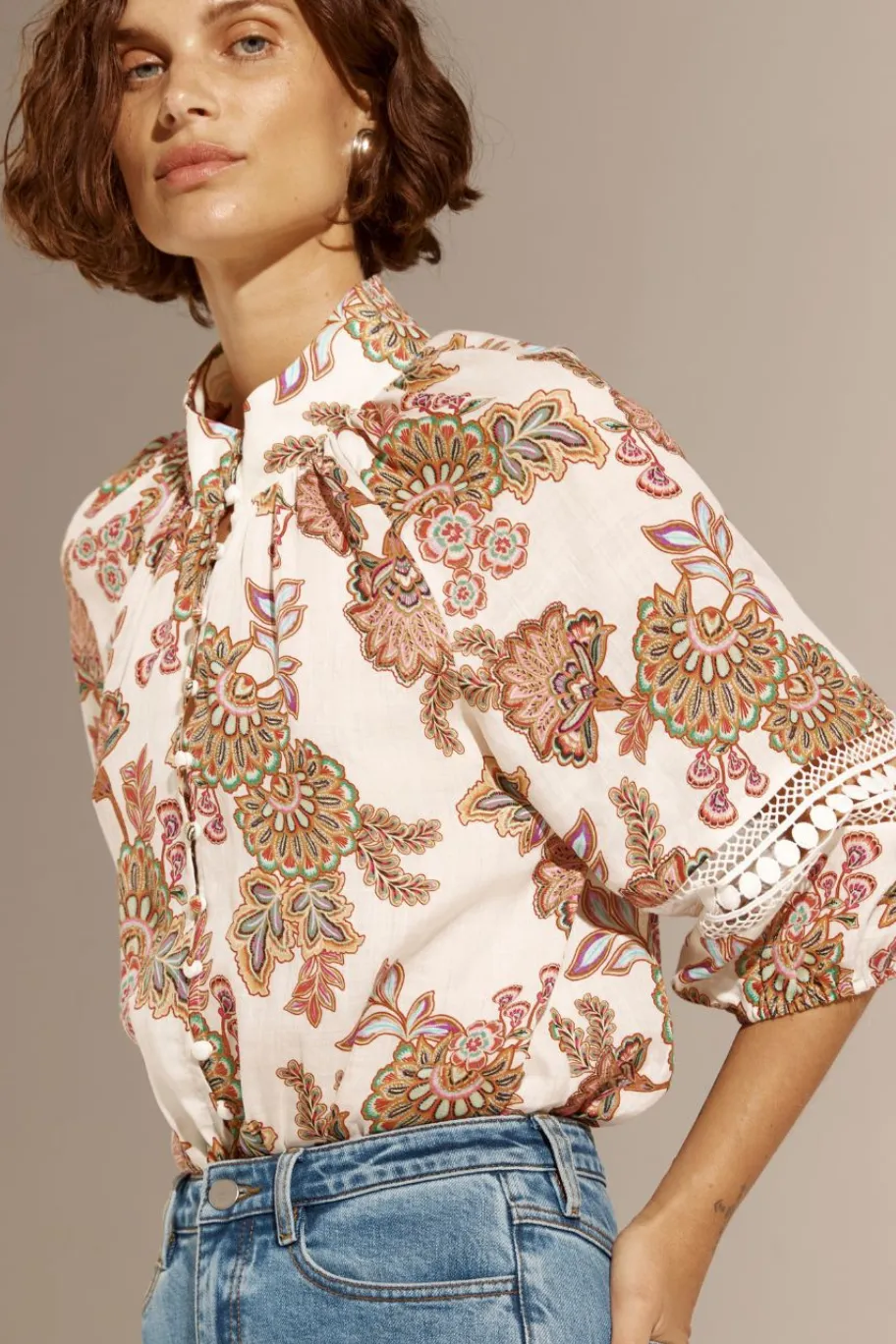 Zoe Kratzmann Invoke Cream Paisley High Neck SS Blouse
