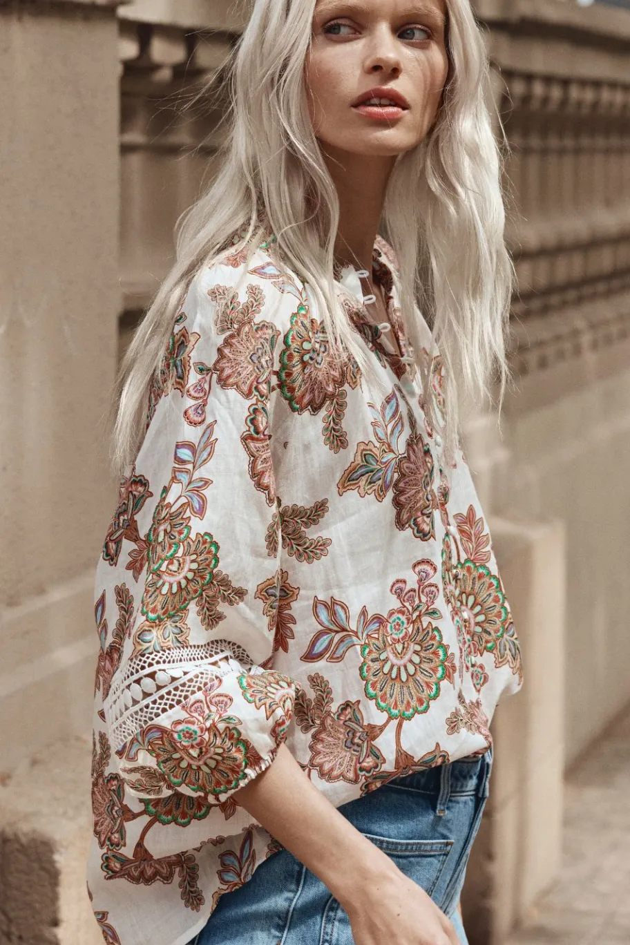 Zoe Kratzmann Invoke Cream Paisley High Neck SS Blouse